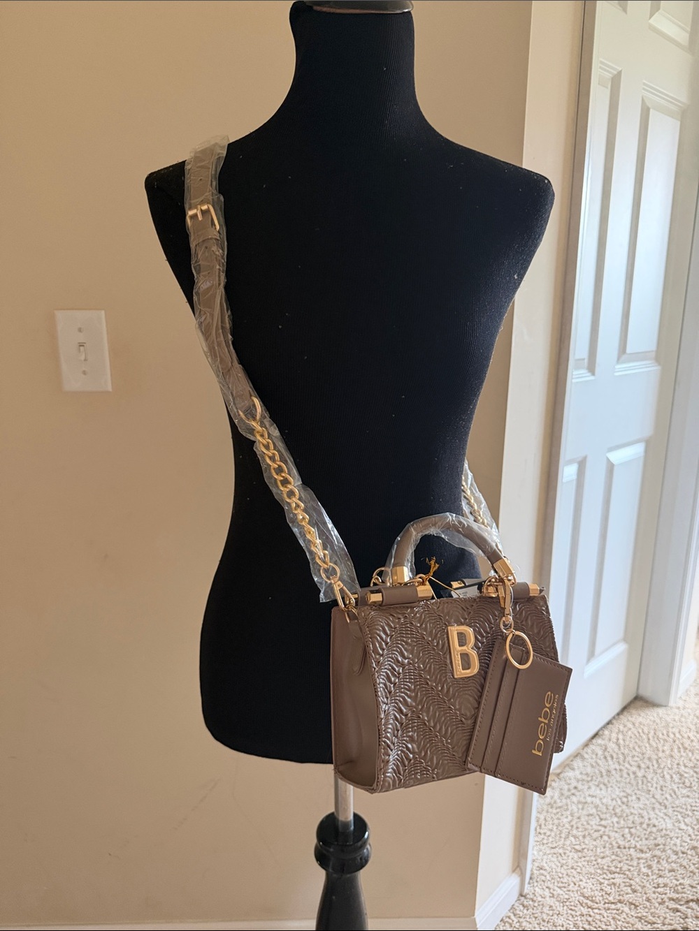bebe Brown Embossed Crossbody Satchel with Gold Hardware